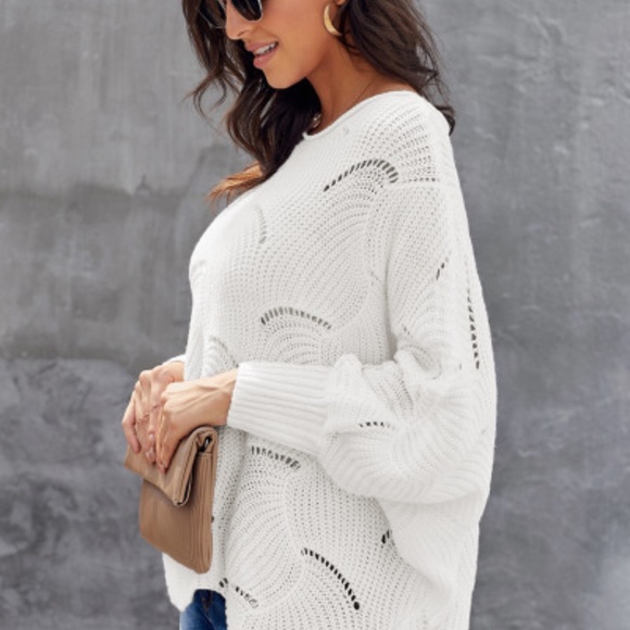 White open weave wave design pullover sweater - Picture 3 of 5